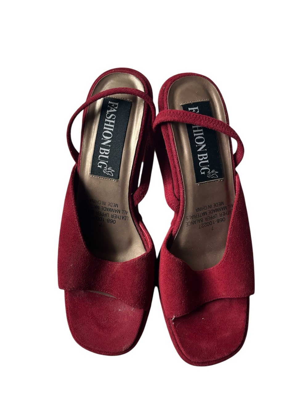 VINTAGE 90S FASHION BUG RED OPEN TOE BLOCK WEDGE HEELS ANKLE STRAP WOMENS 7